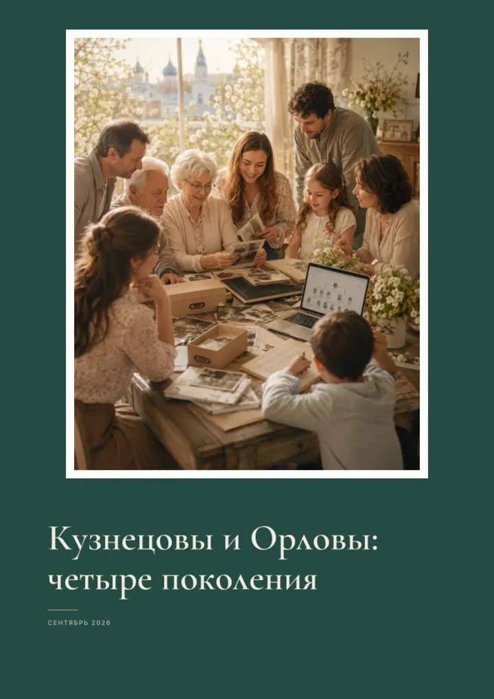 Обложка книги «Кузнецовы и Орловы: четыре поколения» в тёмно-зелёной теме